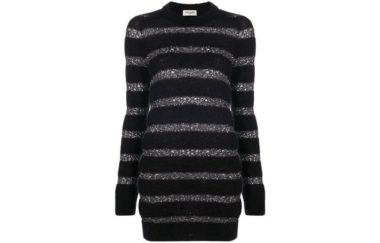 (Women) SAINT LAURENT Metallic Striped Knit Long-Sleeve Dress 637737YAVD21081