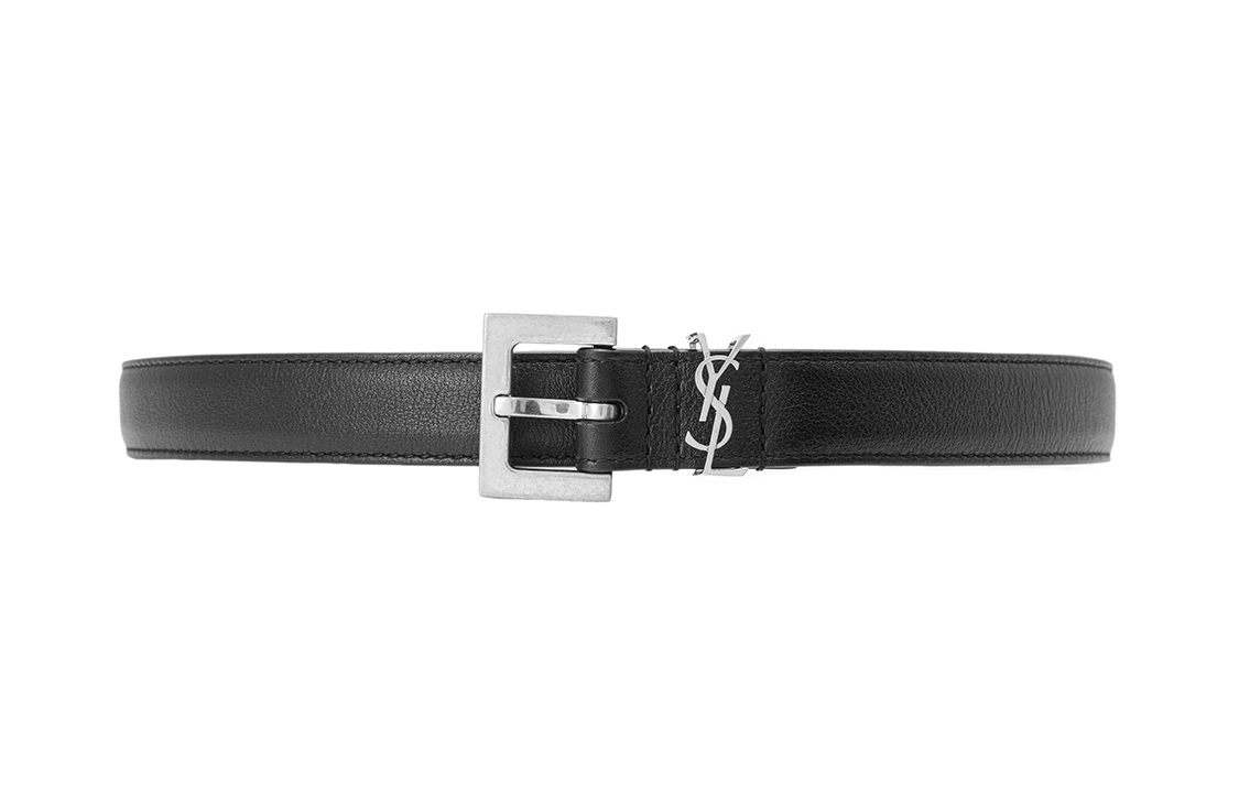 (Women) Saint Laurent Monogram Leather Belt Black Silver Buckle 2cm Wide. 554465BOO0E1000