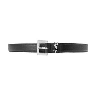 (Women) Saint Laurent Monogram Leather Belt Black Silver Buckle 2cm Wide. 554465BOO0E1000