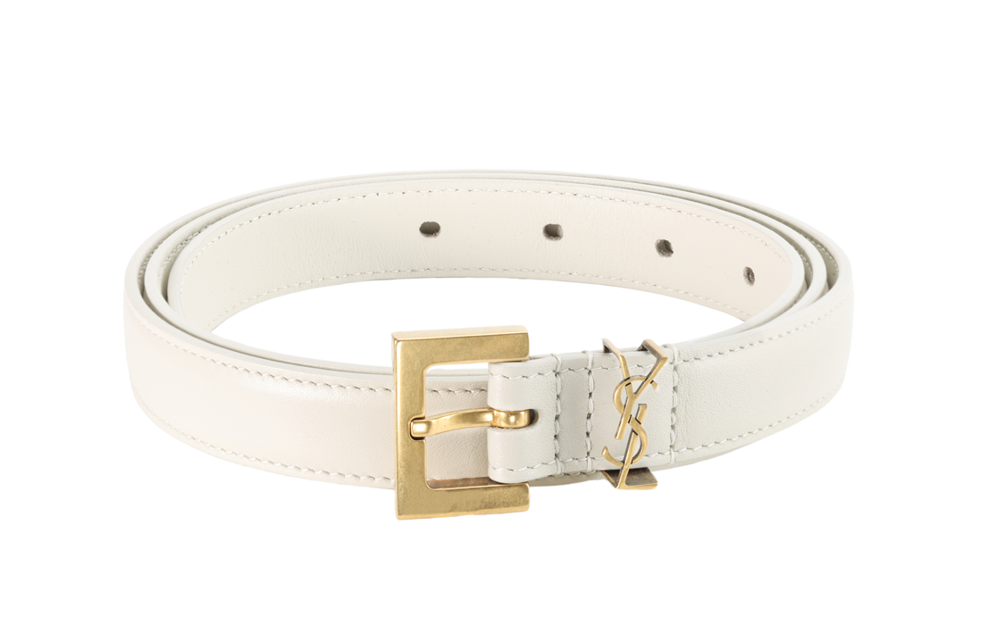 (Women) Saint Laurent Monogram Patent Leather Buckle Belt White 2cm Wide. 554465BOO0W9207