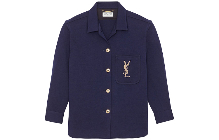 (Women) Saint Laurent Monogram Wool Embroidered Knit Shirt Navy Blue 623611Y7A094140