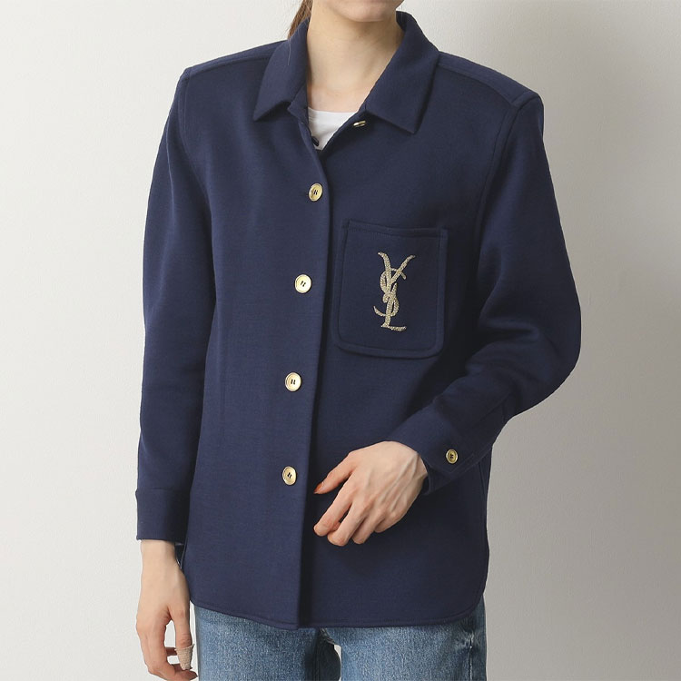 Shop (W) 聖羅蘭羊毛刺繡字母海軍藍針織上衣 623611Y7A094140