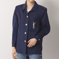 Shop (Women) Saint Laurent Monogram Wool Embroidered Knit Shirt Navy Blue 623611Y7A094140