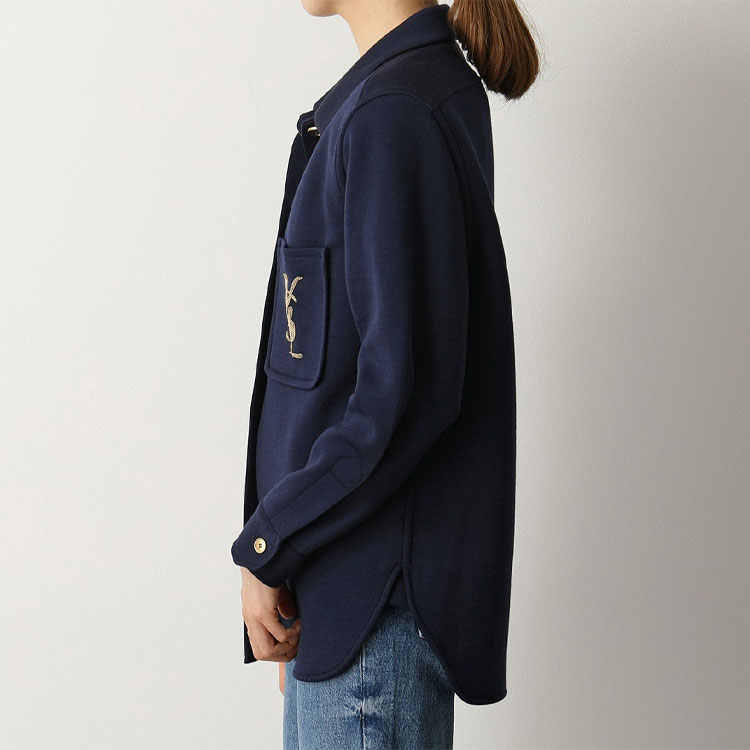 Purchase (W) 聖羅蘭羊毛刺繡字母海軍藍針織上衣 623611Y7A094140