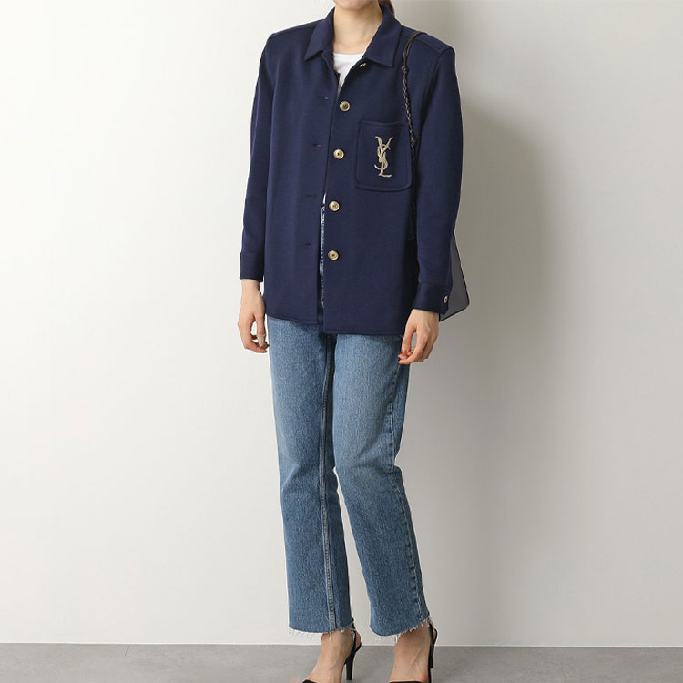 Details for (W) 聖羅蘭羊毛刺繡字母海軍藍針織上衣 623611Y7A094140