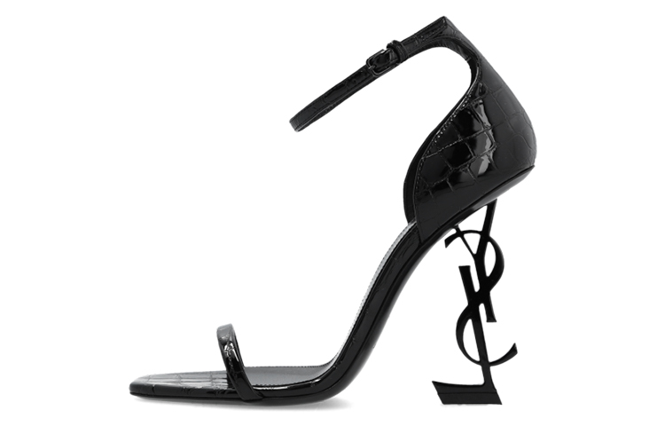 Buy 圣羅蘭 Opyum 皮革 露趾搭扣 一字帶涼鞋 11cm 女款 黑色