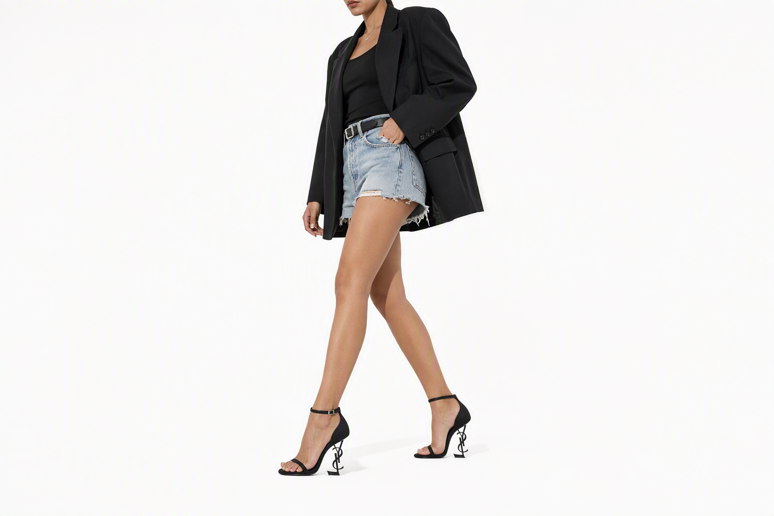 Order SAINT LAURENT Opyum 水晶搭扣 雙緞 一字帶涼鞋 11cm 女款 黑色