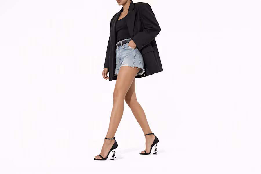 SAINT LAURENT Opyum 水晶搭扣 雙緞 一字帶涼鞋 11cm 女款 黑色 Order SAINT LAURENT Opyum 水晶搭扣 雙緞 一字帶涼鞋 11cm 女款 黑色