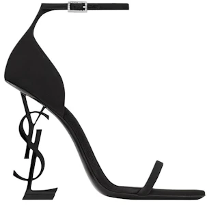 Lookbook SAINT LAURENT Opyum 水晶搭扣 雙緞 一字帶涼鞋 11cm 女款 黑色