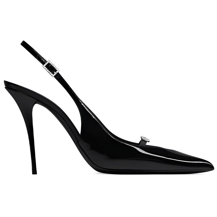 Order (W) Saint Laurent Kulit Leker Tumit Tinggi Hitam Dengan Tali Dan Gesper. 7315241TV001000