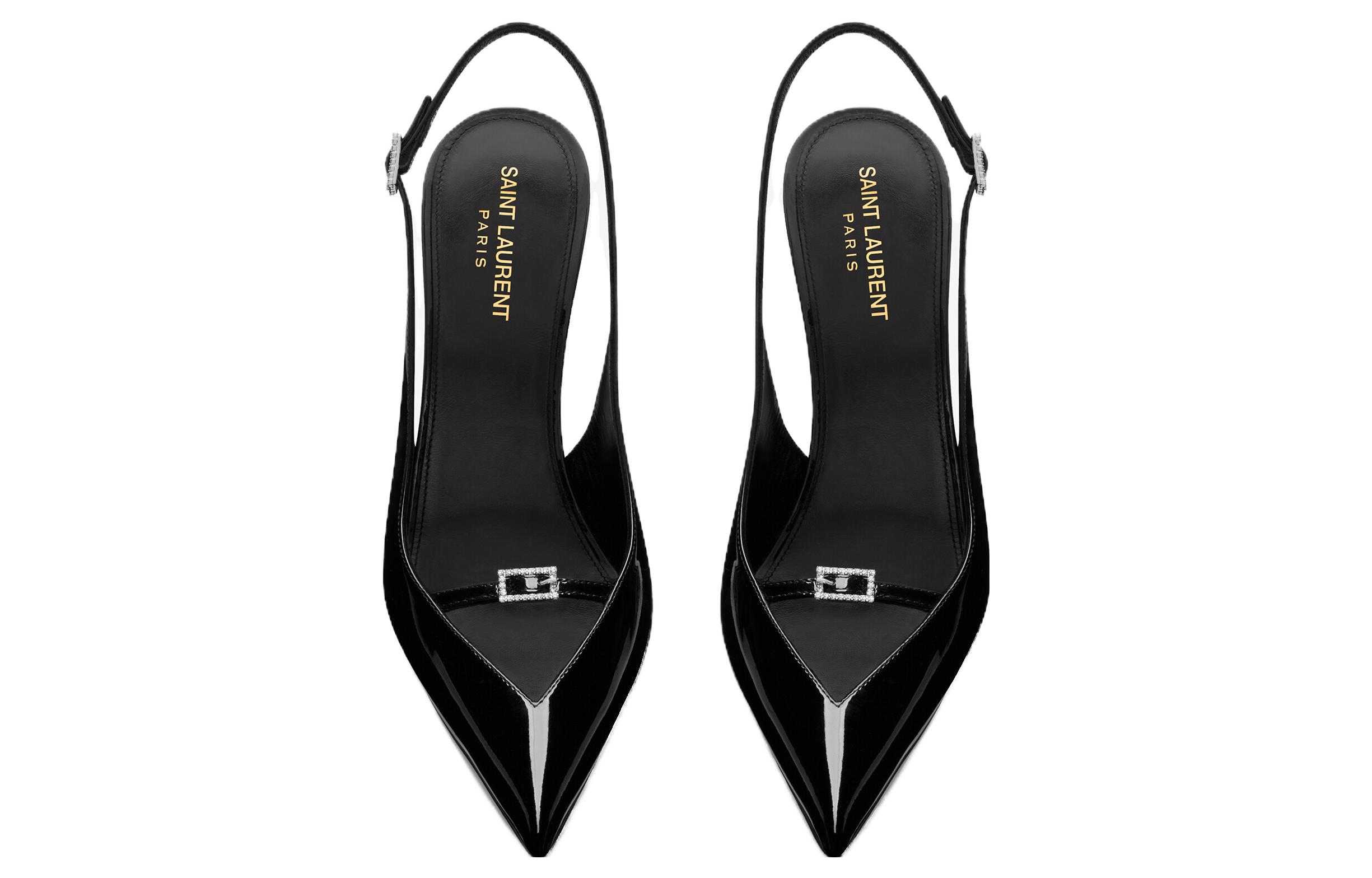 Shop (W) Saint Laurent Kulit Leker Tumit Tinggi Hitam Dengan Tali Dan Gesper. 7315241TV001000