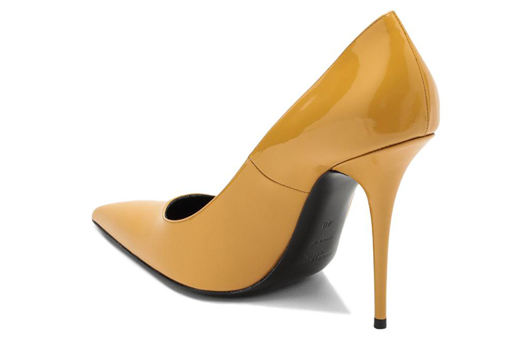 Shop SAINT LAURENT 漆皮 尖頭套腳 細跟 高跟鞋 12cm 女款 黃色