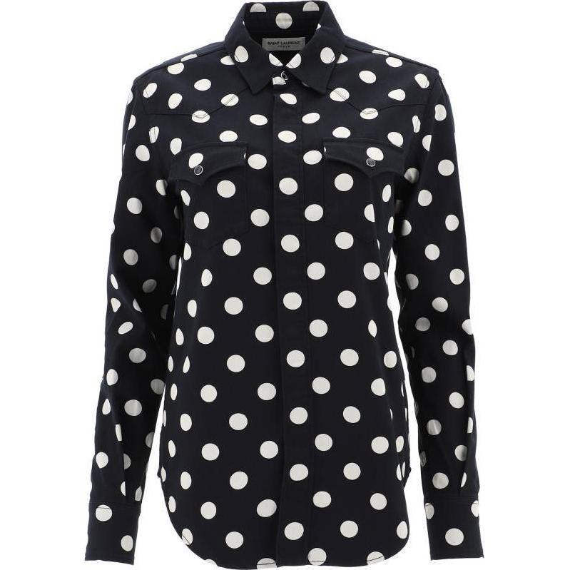 (Women) SAINT LAURENT Polka Dot Print Point Collar Long Sleeve Shirt Women Black 601613Y535V1082