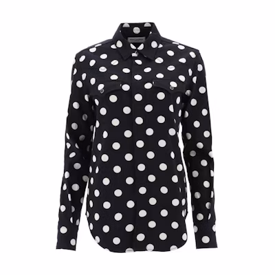 (Women) SAINT LAURENT Polka Dot Print Point Collar Long Sleeve Shirt Women Black 601613Y535V1082