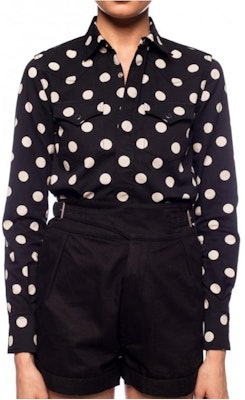 (Women) SAINT LAURENT Polka Dot Print Point Collar Long Sleeve Shirt Women Black 601613Y535V1082 Shop (Women) SAINT LAURENT Polka Dot Print Point Collar Long Sleeve Shirt Women Black 601613Y535V1082