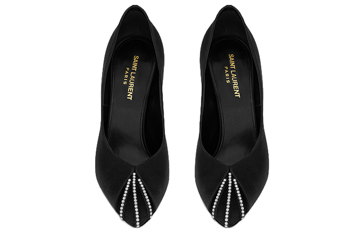Shop (W) Saint Laurent Satén 11cm 'Negro' 'Tacón de Aguja con Cristales' 7421719QN0A1066