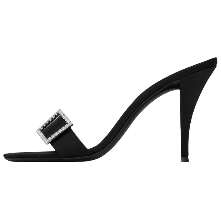 (Women) Saint Laurent Simone 'Black Mesh Peep-toe Slides' 7553969QN001000