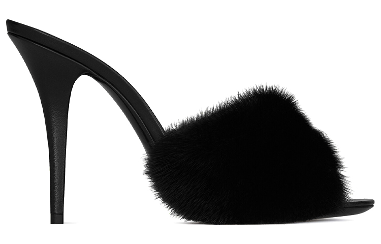 Order (W) サンローラン レザー＆ミンク ファー ハイヒールスライド (ブラック) 650762E0E001000