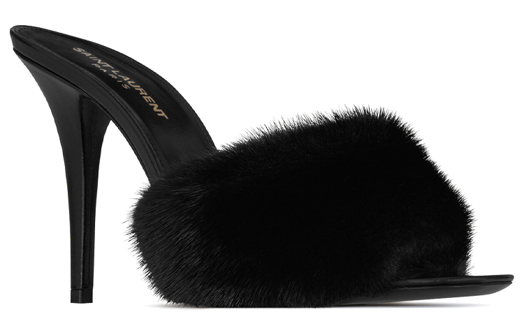 Lookbook (W) サンローラン レザー＆ミンク ファー ハイヒールスライド (ブラック) 650762E0E001000