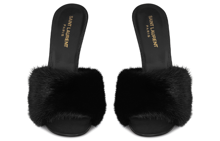 Shop (W) サンローラン レザー＆ミンク ファー ハイヒールスライド (ブラック) 650762E0E001000