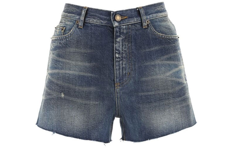 (Women) SAINT LAURENT Solid Denim Shorts Blue 597005YF9704406