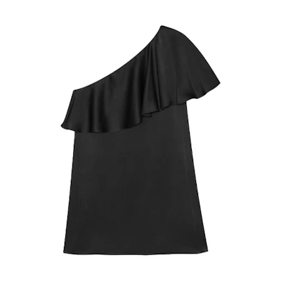 (Women) SAINT LAURENT SS21 Black Ruffle One-Shoulder Mini Dress Sleeveless 645996Y5C441000