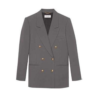 (Women) SAINT LAURENT SS21 Gray Wool Gabardine Double-Breasted Blazer Jacket 648754Y7B731460