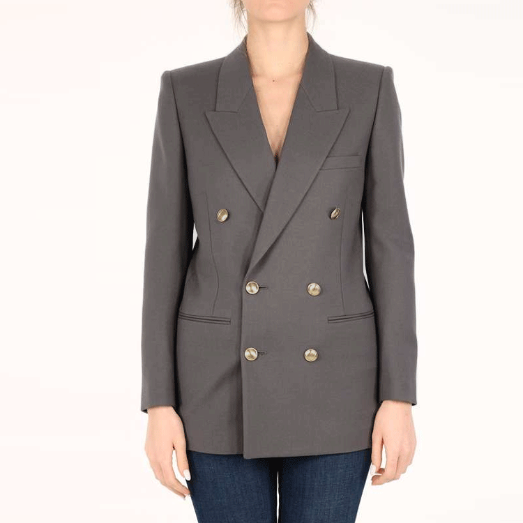 Shop (W) SAINT LAURENT SS21 Blazer Wol Abu-Abu Double-Breasted Gabardine Jaket 648754Y7B731460