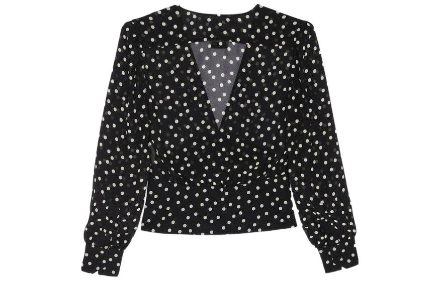 (Women) Saint Laurent SS22  Black Polka Dot V-Neck Long Sleeve Shirt. 689332Y5B661095