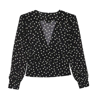(Women) Saint Laurent SS22 Black Polka Dot V-Neck Long Sleeve Shirt. 689332Y5B661095