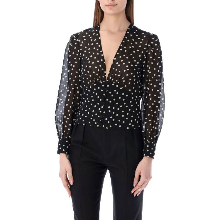 Shop (W) Saint Laurent SS22 黑色波點V領長袖襯衫 689332Y5B661095