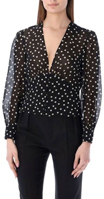 (Women) Saint Laurent SS22 Black Polka Dot V-Neck Long Sleeve Shirt. 689332Y5B661095 Shop (Women) Saint Laurent SS22 Black Polka Dot V-Neck Long Sleeve Shirt. 689332Y5B661095