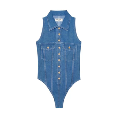 (Women) SAINT LAURENT SS22 Blue Denim Sleeveless Jumpsuit 695165Y08JA4318