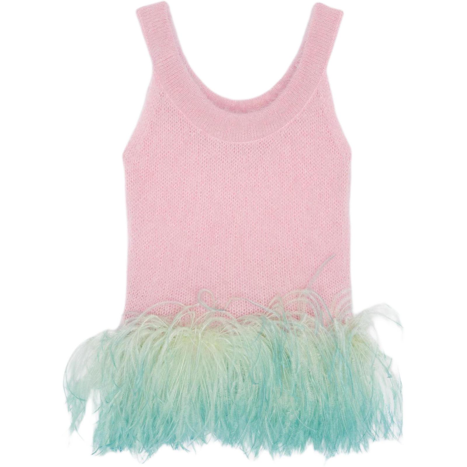 (Women) Saint Laurent SS22  Pink Mohair Wool Feather Trim Strapless Top. 690801Y75NL5455