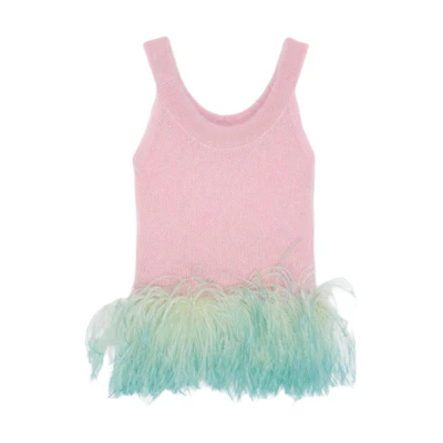 (Women) Saint Laurent SS22 Pink Mohair Wool Feather Trim Strapless Top. 690801Y75NL5455