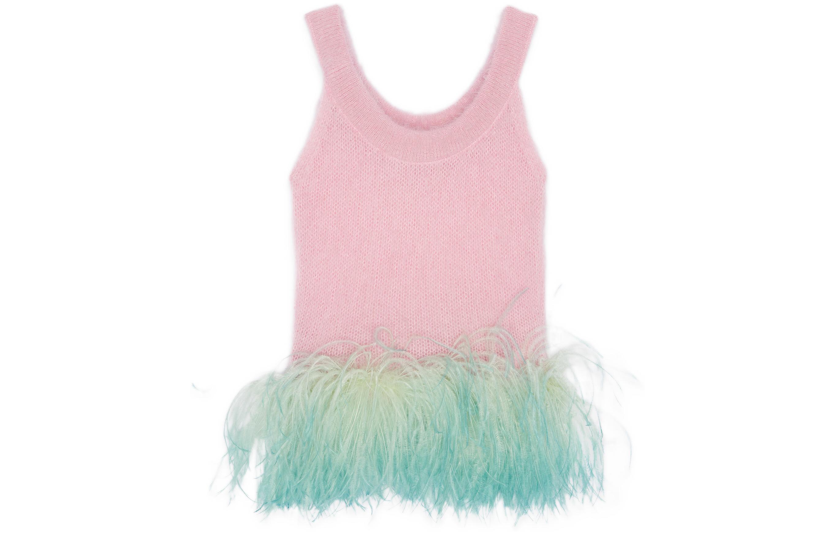 Order (W) 생로랑 SS22 핑크 모헤어 울 깃털 장식 스트랩리스 탑. 690801Y75NL5455