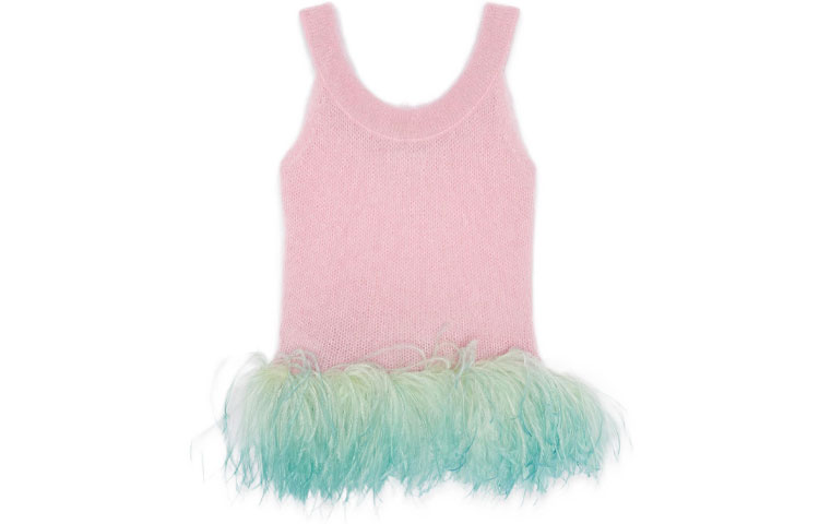 Lookbook (W) 생로랑 SS22 핑크 모헤어 울 깃털 장식 스트랩리스 탑. 690801Y75NL5455