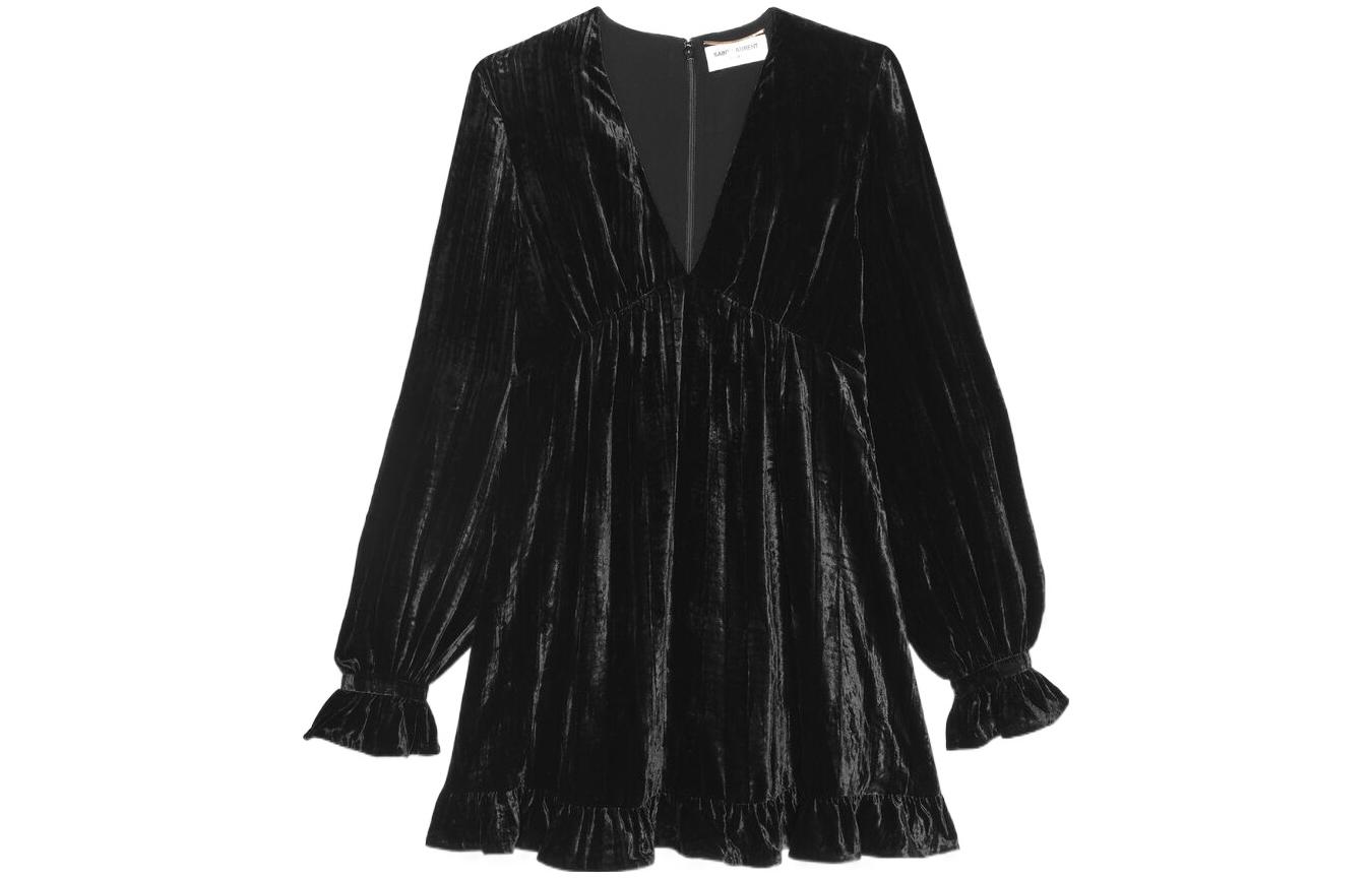 (Women) Saint Laurent SS22  Short V-Neck Matte Velvet Dress Black 682087Y130R1000