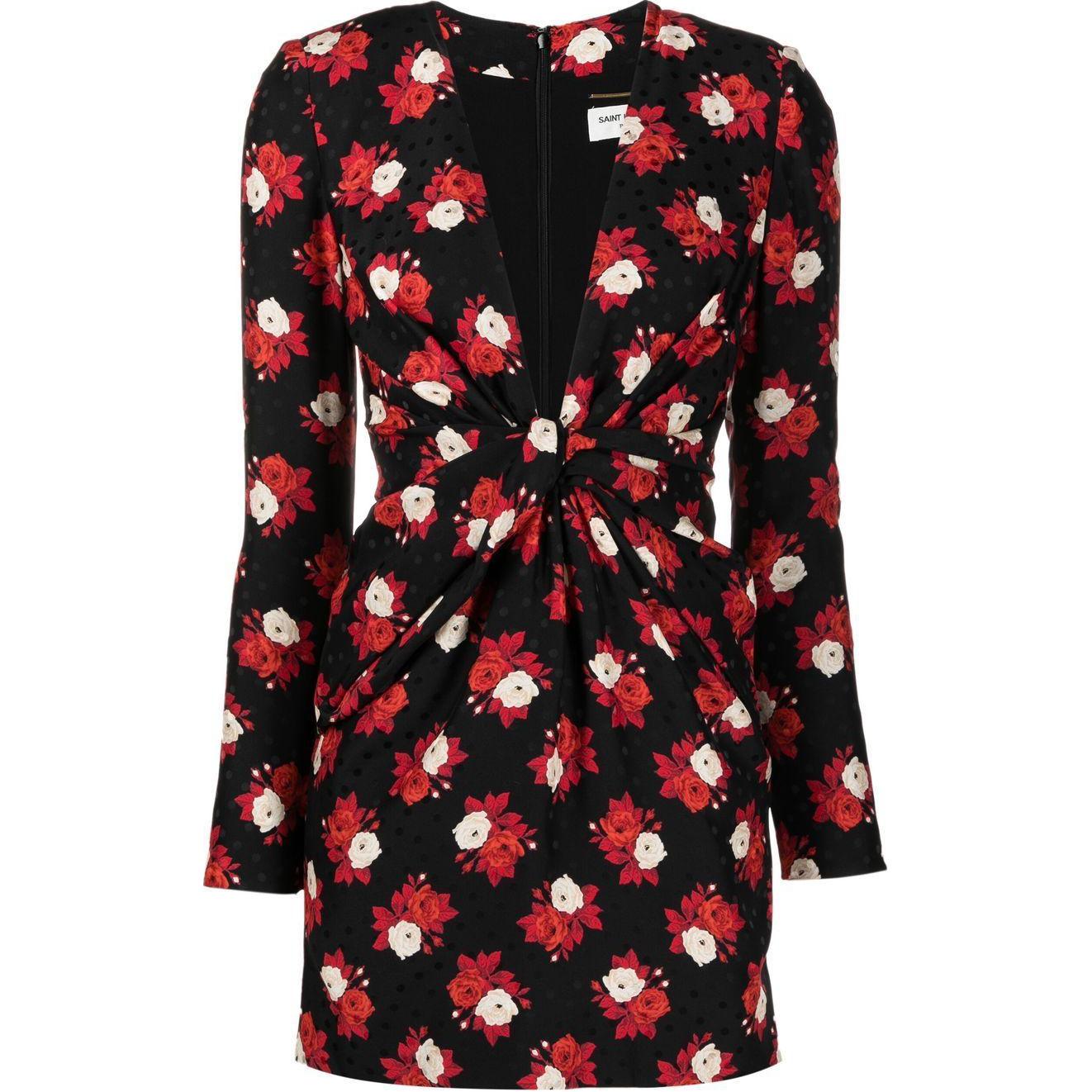 (Women) Saint Laurent SS22 Floral Print V-Neck Long Sleeve Mini Dress Women Black Red 701248Y6E711376