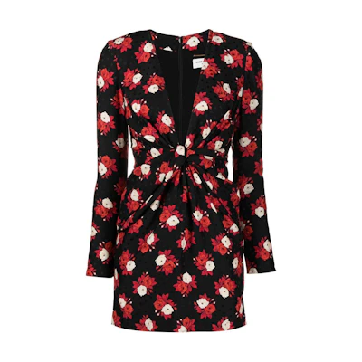 (Women) Saint Laurent SS22 Floral Print V-Neck Long Sleeve Mini Dress Women Black Red 701248Y6E711376
