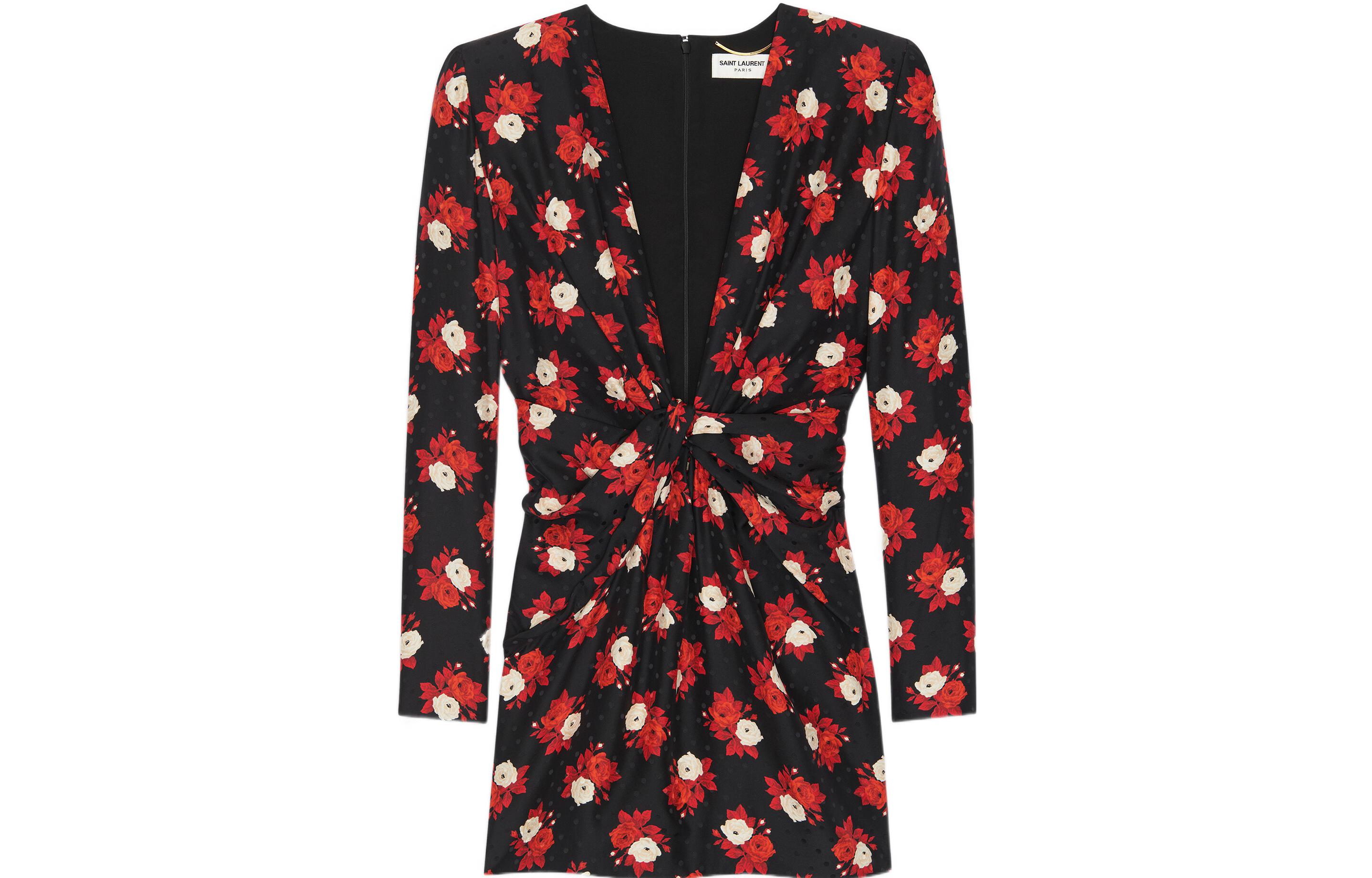 Order (Women) Saint Laurent SS22 Floral Print V-Neck Long Sleeve Mini Dress Women Black Red 701248Y6E711376