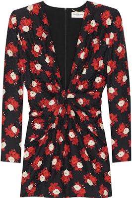 (Women) Saint Laurent SS22 Floral Print V-Neck Long Sleeve Mini Dress Women Black Red 701248Y6E711376 Order (Women) Saint Laurent SS22 Floral Print V-Neck Long Sleeve Mini Dress Women Black Red 701248Y6E711376