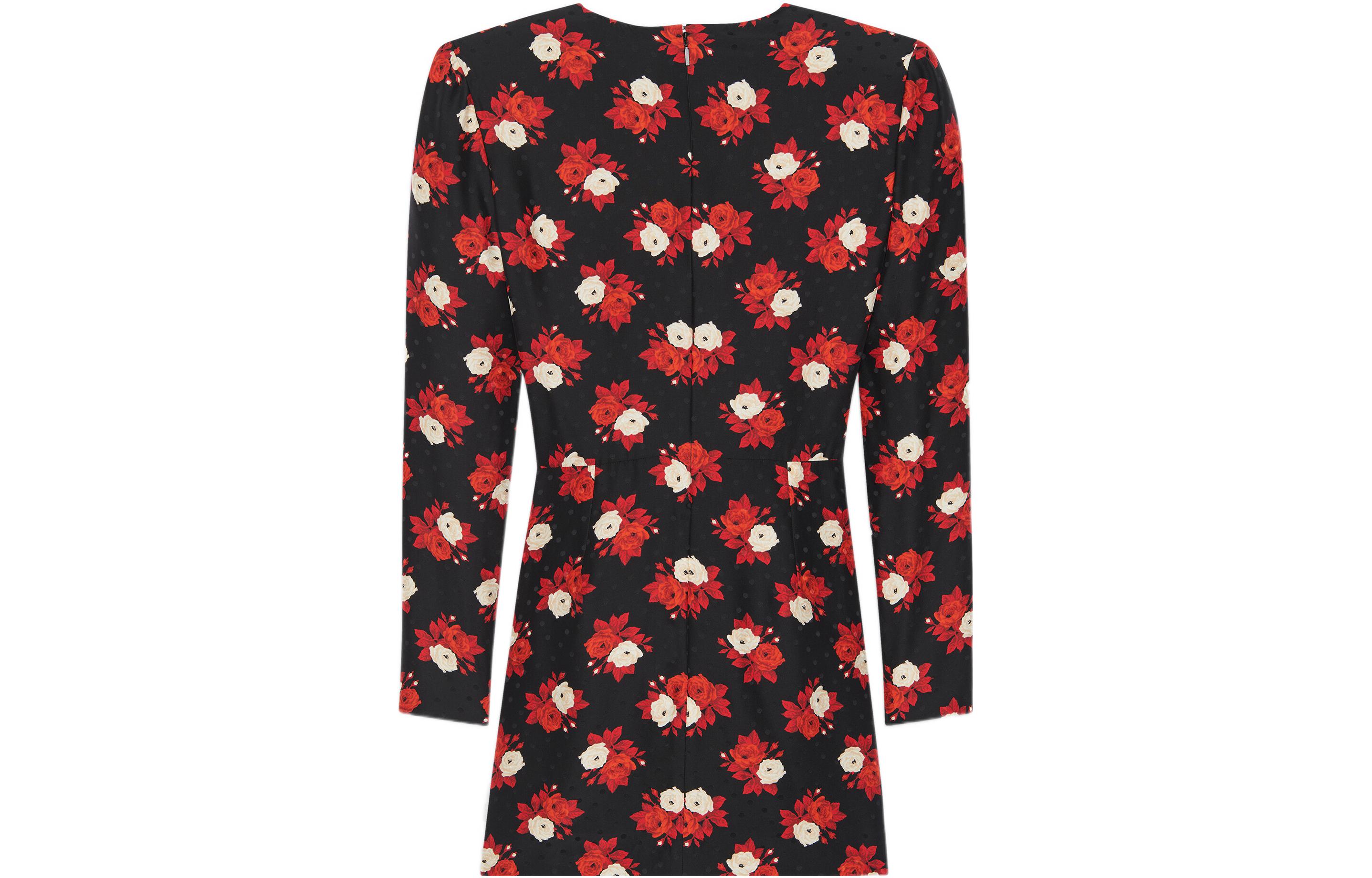 Lookbook (Women) Saint Laurent SS22 Floral Print V-Neck Long Sleeve Mini Dress Women Black Red 701248Y6E711376