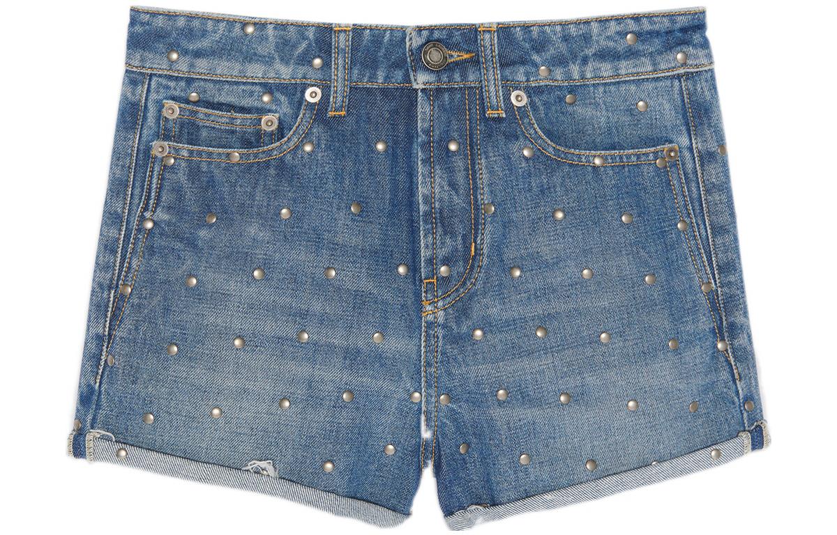 Order (Women) SAINT LAURENT SS22 High-Waisted Studded Denim Shorts Women Blue 684418Y893V4997