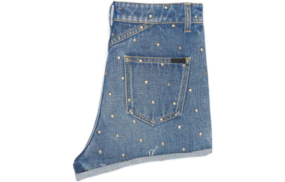 Lookbook (Women) SAINT LAURENT SS22 High-Waisted Studded Denim Shorts Women Blue 684418Y893V4997