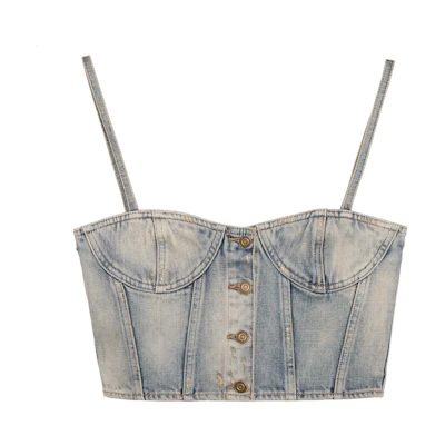 (Women) SAINT LAURENT SS22 Solid Color Denim Strap Button Top Women Light Blue 695163Y996D4333
