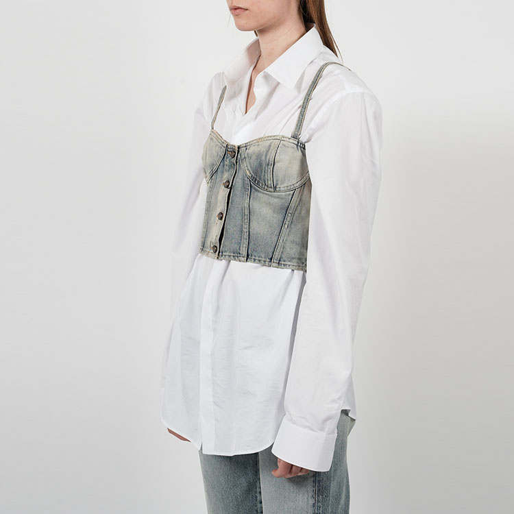 Shop (W) SAINT LAURENT SS22 女款淺藍色純色牛仔肩帶鈕扣上衣 695163Y996D4333