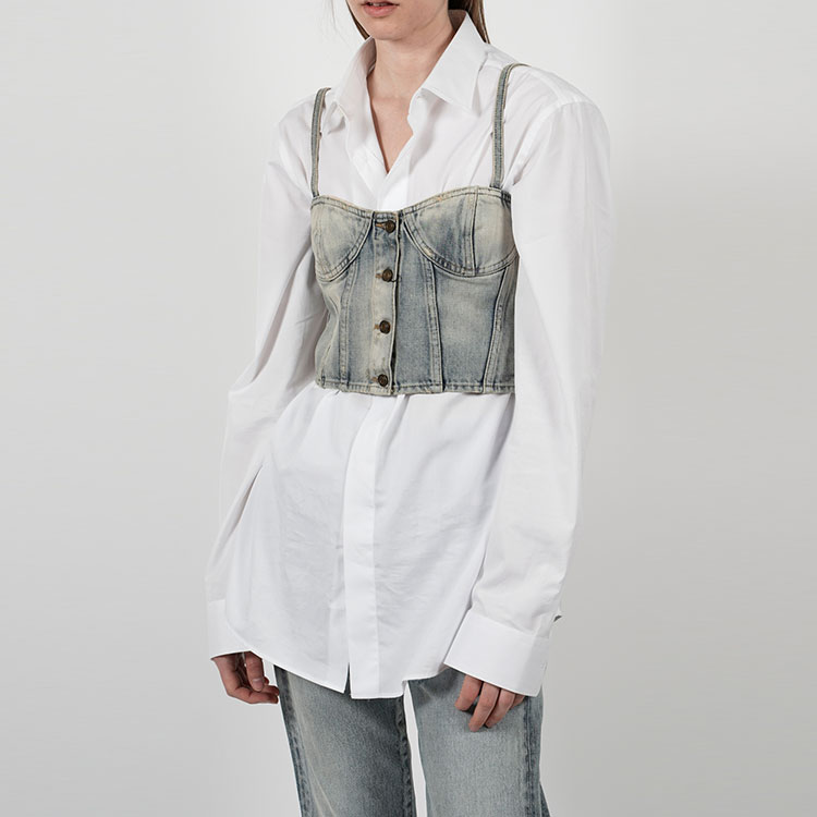 Purchase (W) SAINT LAURENT SS22 女款淺藍色純色牛仔肩帶鈕扣上衣 695163Y996D4333