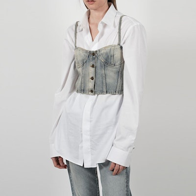 (Women) SAINT LAURENT SS22 Solid Color Denim Strap Button Top Women Light Blue 695163Y996D4333 Purchase (Women) SAINT LAURENT SS22 Solid Color Denim Strap Button Top Women Light Blue 695163Y996D4333