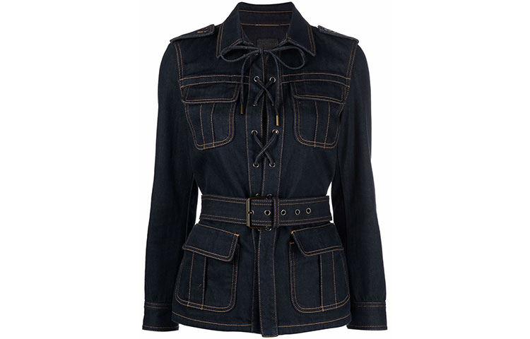 (Women) SAINT LAURENT SS22 Striped Tie Long Sleeve Denim Jacket Women Dark Blue 695161Y24GA4331